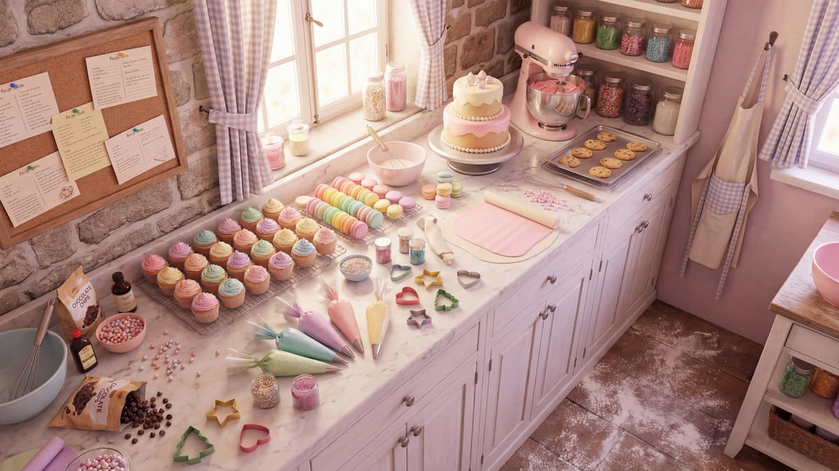 Baker's table covered in colorful sweets and treats