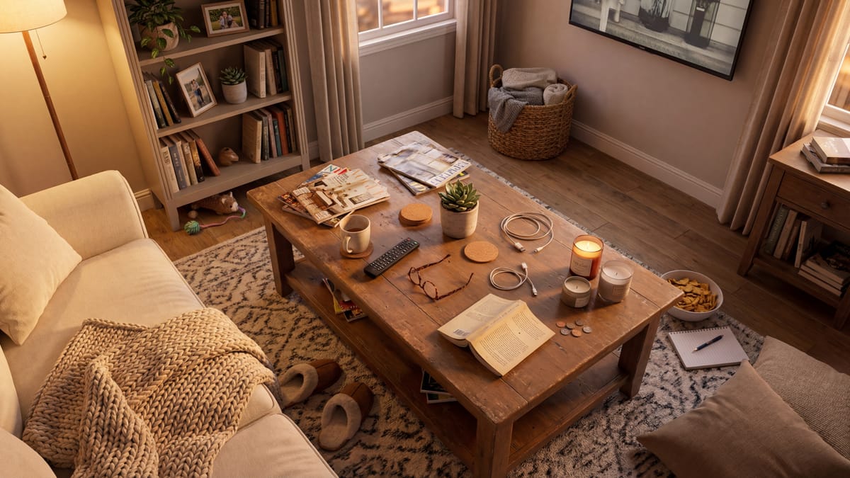 Cluttered coffee table in a cozy living room