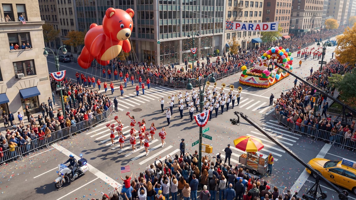 Carnival parade with colorful floats and confetti
