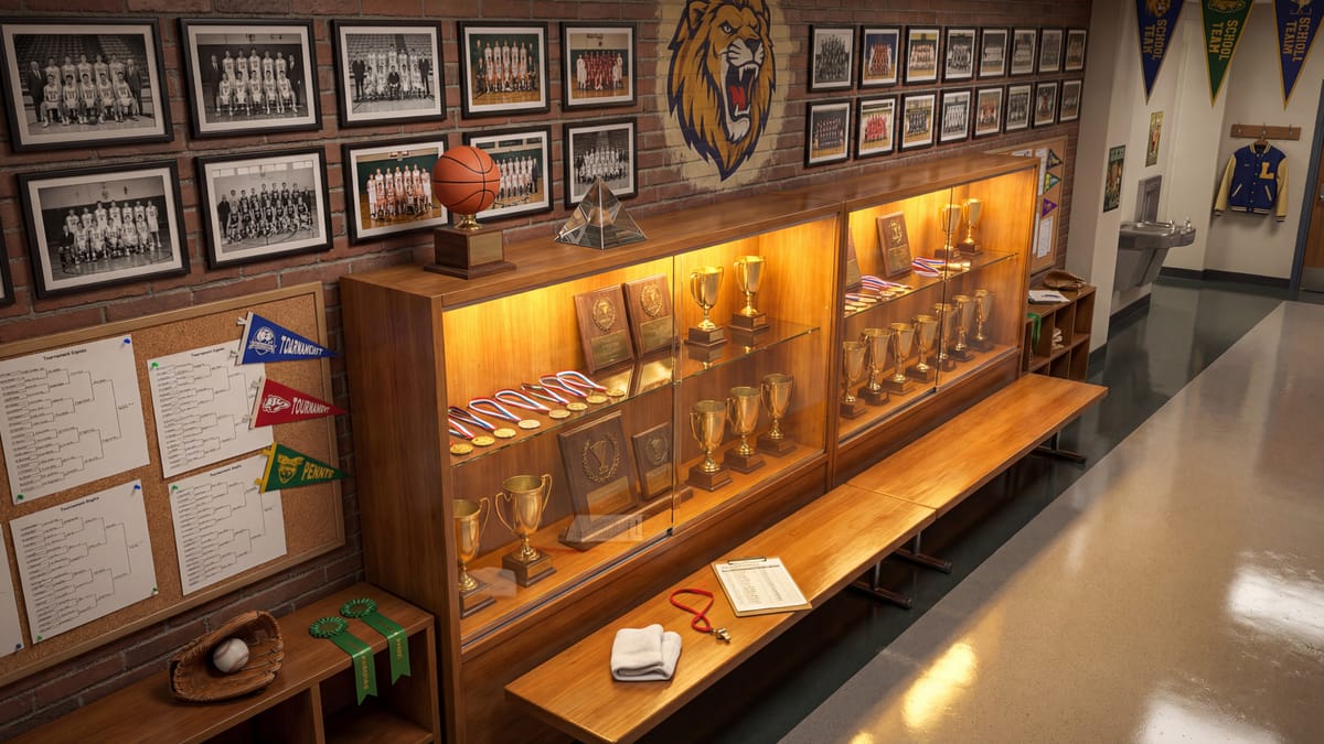 Championship shelf with trophies and sports memorabilia