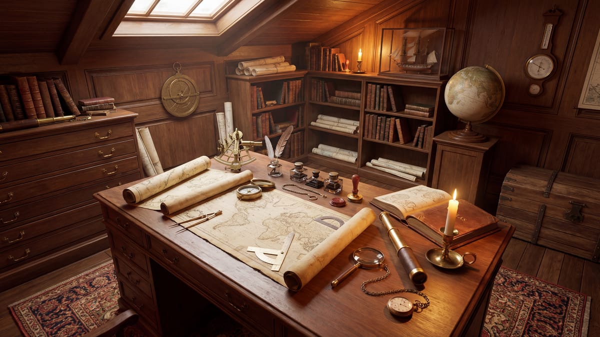 Cartographer's workshop with maps, tools and steampunk gadgets