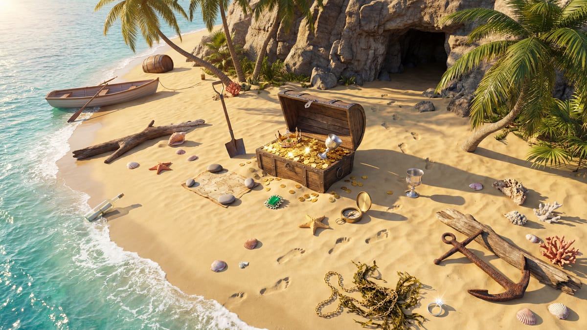 Beach treasure scene with gold coins and pirate loot