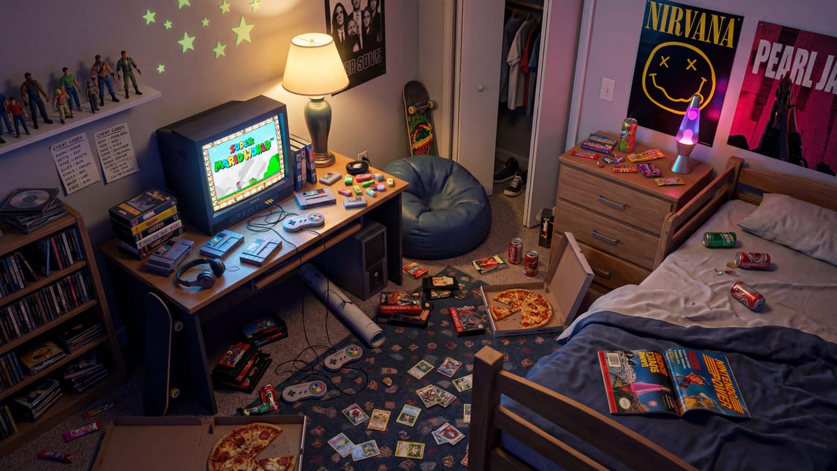 90s gaming setup with classic consoles and pixel art