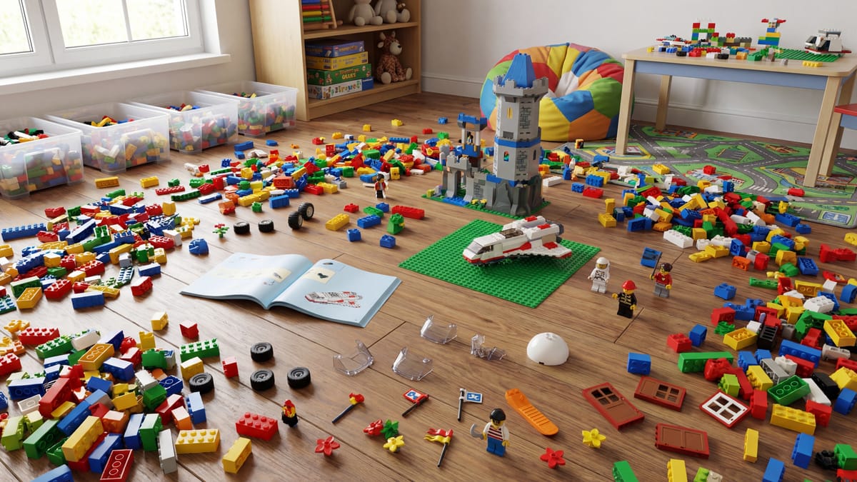 Colorful building blocks and toys scattered across a playroom