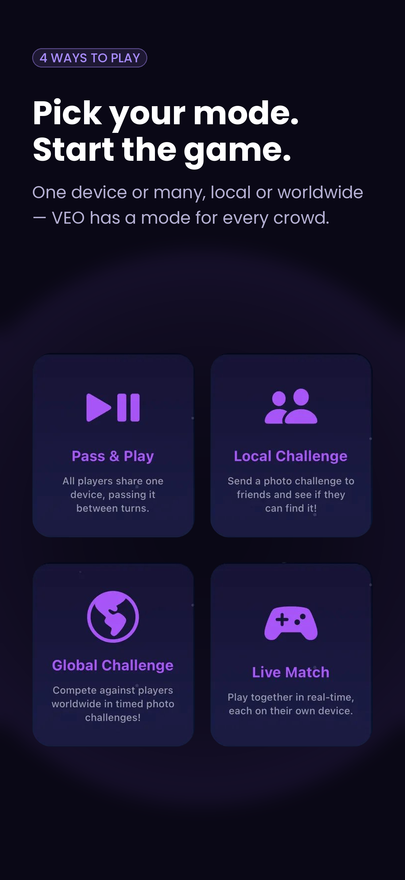 Game modes with Pass and Play, Local Challenge, and Live Match