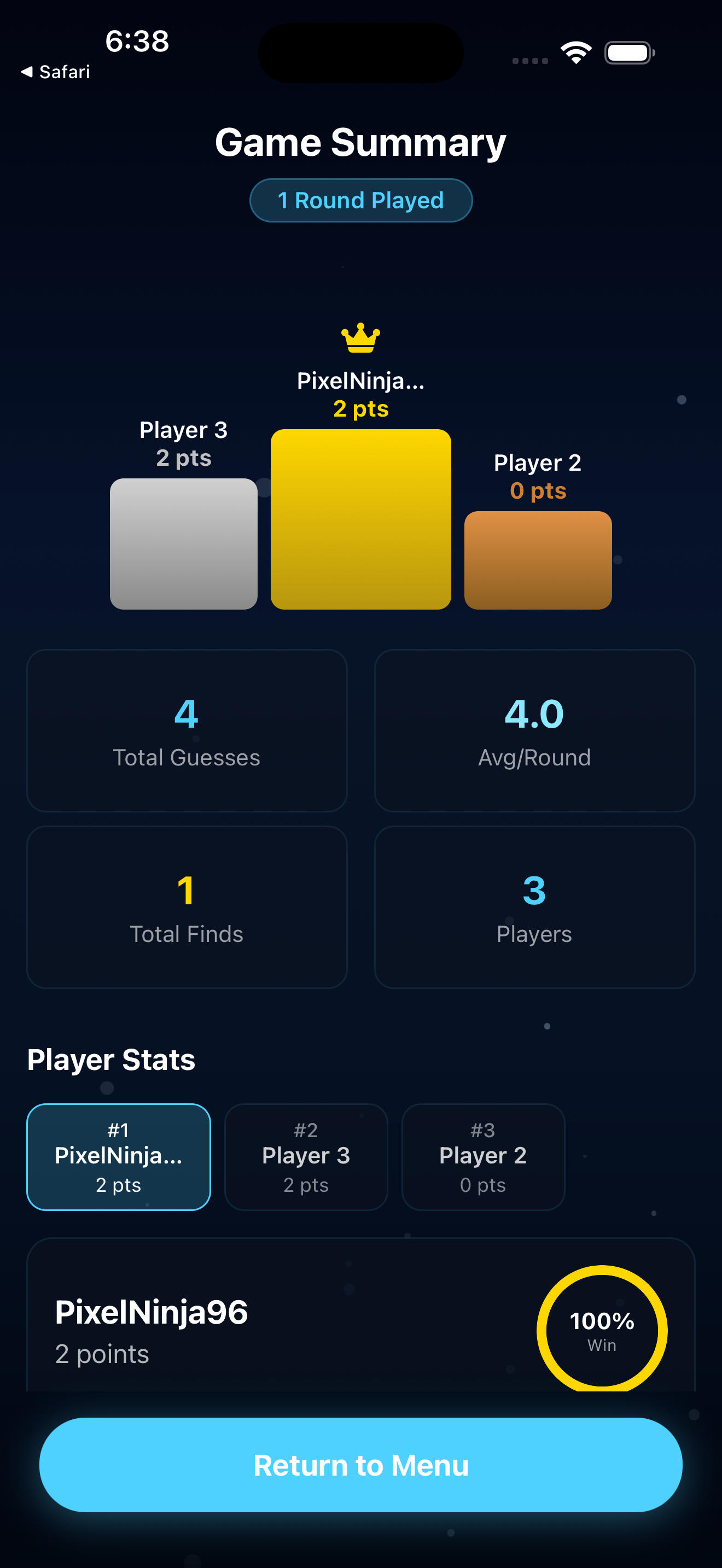 Game results and stats